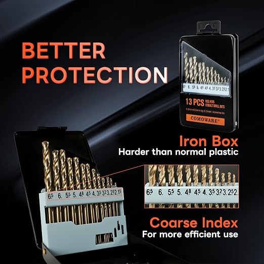 COMOWARE Metal Drill Bit Set, 13-Piece HSS-E M35 Drill Bit Set Cobalt, 1.5-6.5 mm Drill Bit Set Spiral Drill Bit Professional for Metal, Steel, Iron Self-Centring for Metalworking Drill Accessories
