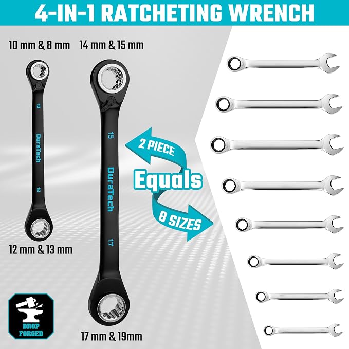 DURATECH 4-in-1 Reversible Ratcheting Box Wrench Set, Metric, 2 Pcs, Black | Double Box End, 8mm, 10mm, 12mm, 13mm & 14mm, 15mm, 17mm, 19mm, CR-V Steel, Black Electrocoat, Rolling Pouch