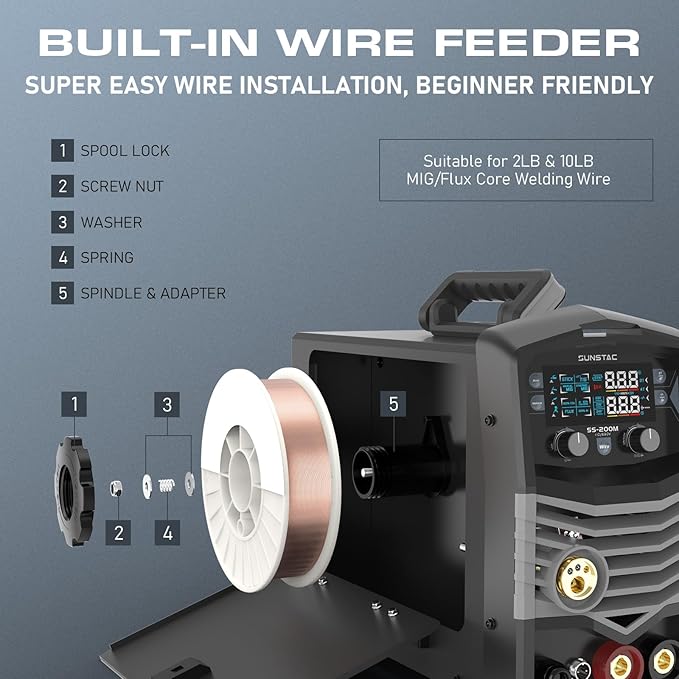 Sunstac MIG Welder, 200A Duo Voltage 5 in 1 Aluminum MIG Welding Machine, MIG/Flux Core/Spool Gun/Lift TIG/Stick, IGBT Inverter Welder Synergic Control, Digital Display (NEW VERSION)