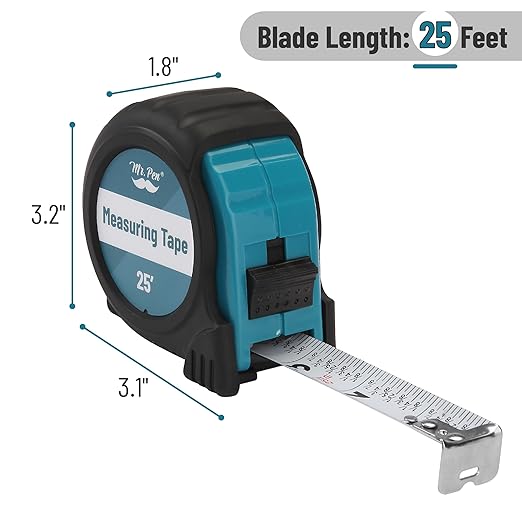 Mr. Pen- Retractable Tape Measure 25 ft, Teal & Black, Easy Read, Steel Retractable Measuring Tape with Fractions, Ideal for Construction & DIY Projects