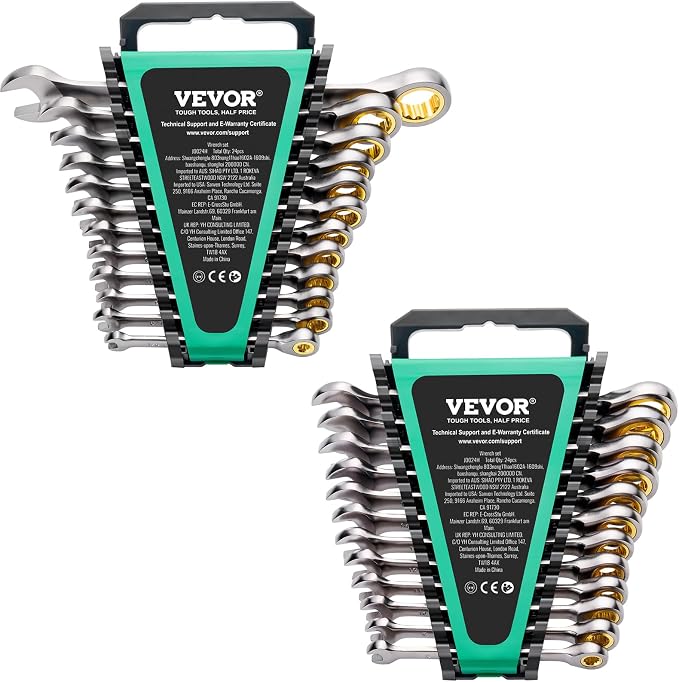 VEVOR 24-Piece Ratcheting Wrench Set, Ratchet Combination Wrench Set with Organizer, Nickel Plating, 72-Tooth, CR-V, Metric 8-19mm & SAE 1/4-7/8"