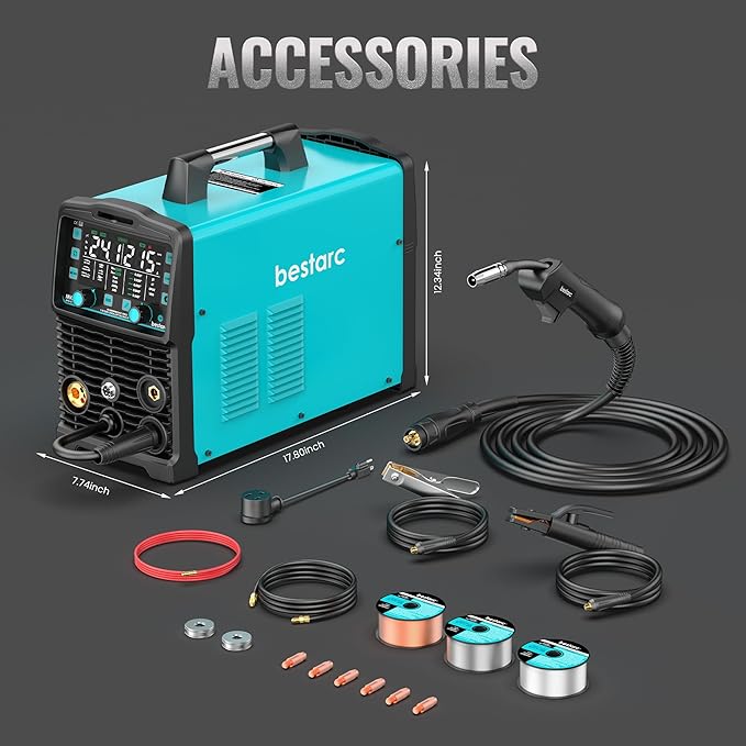 bestarc 215Amp MIG Welder, 110V 220V Gas MIG/Flux Core MIG/Stick/Lift TIG/Spool Gun/Spot Welding 7 IN 1 Aluminum Welding Machine, IGBT Multiprocess bestarc Welder with Synergy, Spool Gun Compatible