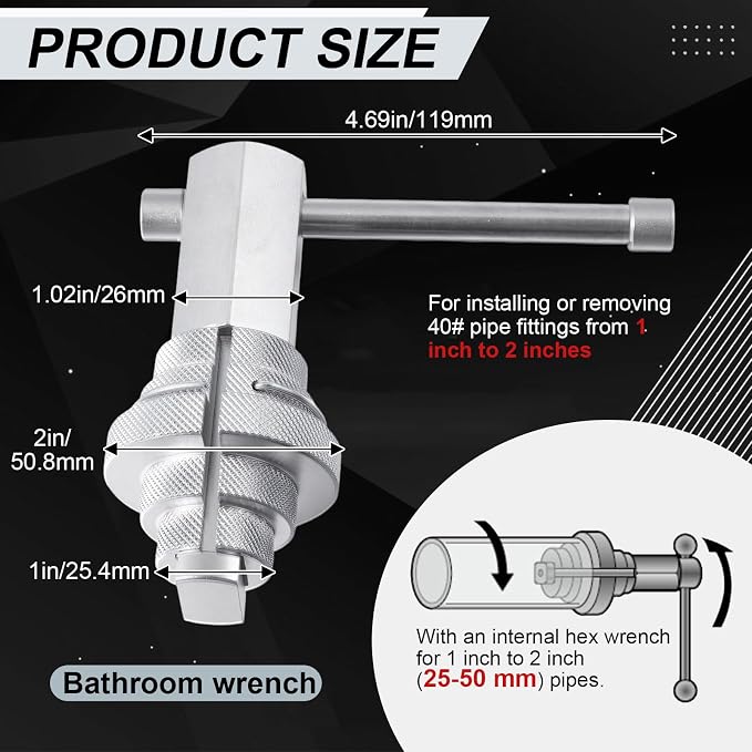 31405 Compatible with Model 342 Internal Wrench with 4-1/2 Internal Pipe Wrench, Silver, Suitable for Securing Wardrobe Drain Pipes, Bathtubs, Washbasins, and Sink Strainers