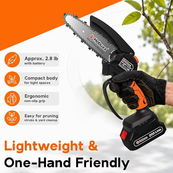 HOBUZA 6 Inch Brushless Mini Chainsaw, Lightweight One-Hand Saw for Pruning | 880W Brushless, Lightweight 1-Handed & Women-Friendly, 2x2.0Ah Batteries 4-6H Runtime, Auto Oiler, Safety Lock for Tree Work