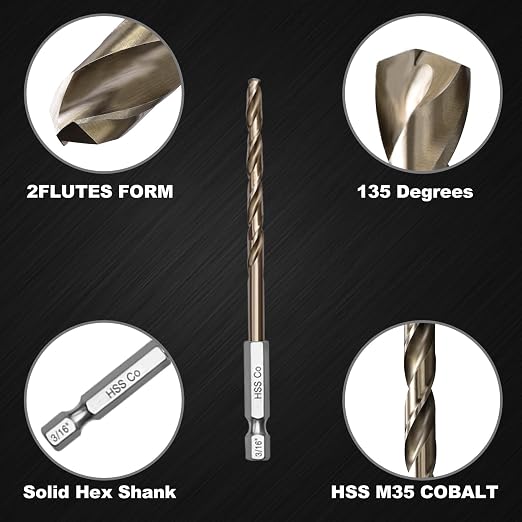 3/16 Cobalt Drill Bit for Metal and Hard Steel(10Pcs),Hex Shank Quick Change M35 HSS Twist Impact Drill Bit Set,with Storage Case