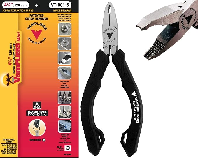 VAMPLIERS 5" Mini Stripped M2 Screw Extractor Pliers ESD Safe TPR Handles