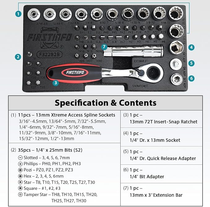 FIRSTINFO 51-Piece 1/4 Drive Spline Pass-Through Socket Set, SAE/Metric | Low-profile offset handle • Insert-snap ratchet • 35 S2 bits • Quick-release adapter • Molded case