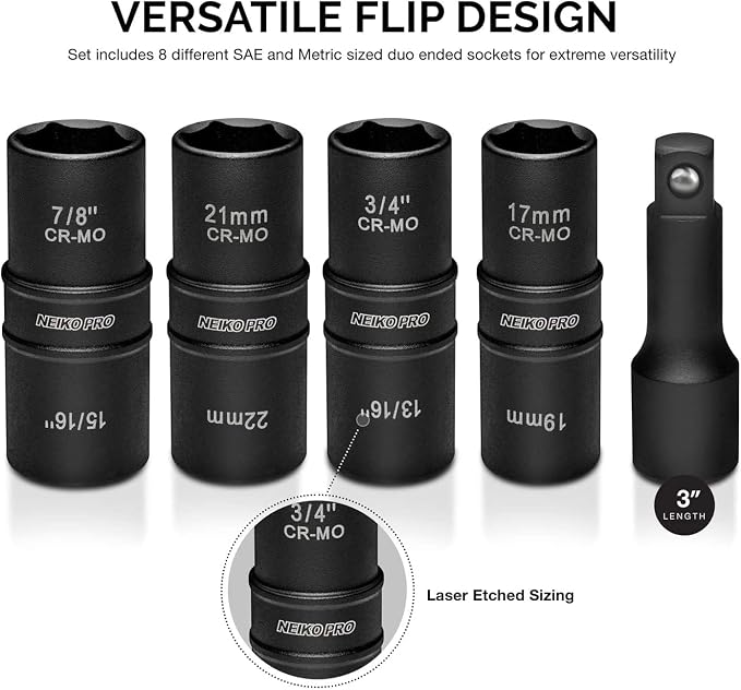 NEIKO 02282B 1/2-Inch-Drive Impact Socket Set, Flip Socket Set, Chrome Moly Steel, Includes 3-Inch Bar Extension, 8 Deep SAE and Metric Sizes, 5 Pieces