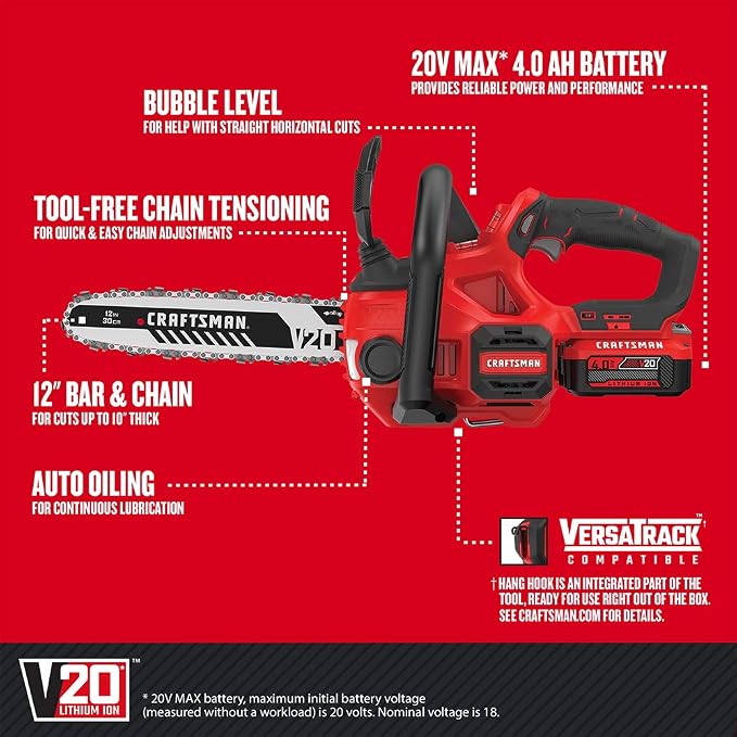 CRAFTSMAN V20 Cordless Chainsaw, 12-Inch Electric Chainsaw, Battery Powered, Battery and Charger Included (CMCCS620M1)
