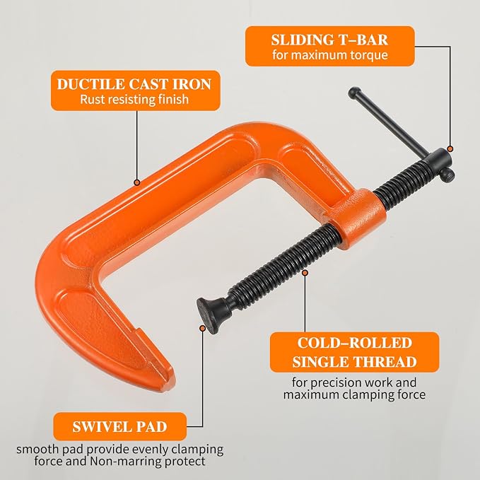 WILLBOND 4 Pcs C Clamps Set 3'' 4'' 6'' 8'' Small Steel Versatile Heavy Duty Welding Clamps Set Jaw Opening Sliding T Bar Handle for DIY Carpentry Caliper Woodworking Welding Building(Orange)