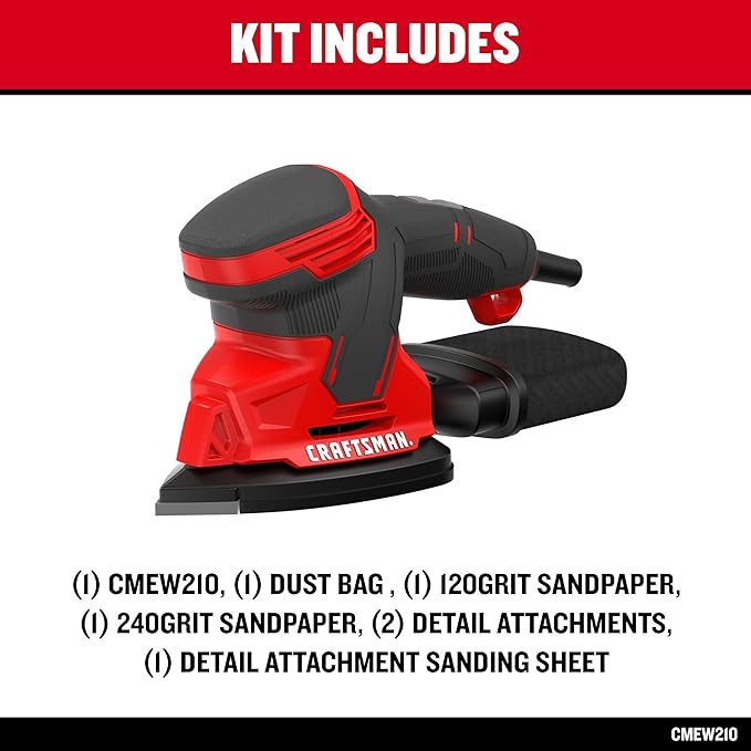 CRAFTSMAN Detail Sander, Corded Mouse Sander for Woodworking, Includes 2 Attachments, Sandpaper Sheets and Dust Bag (CMEW210)