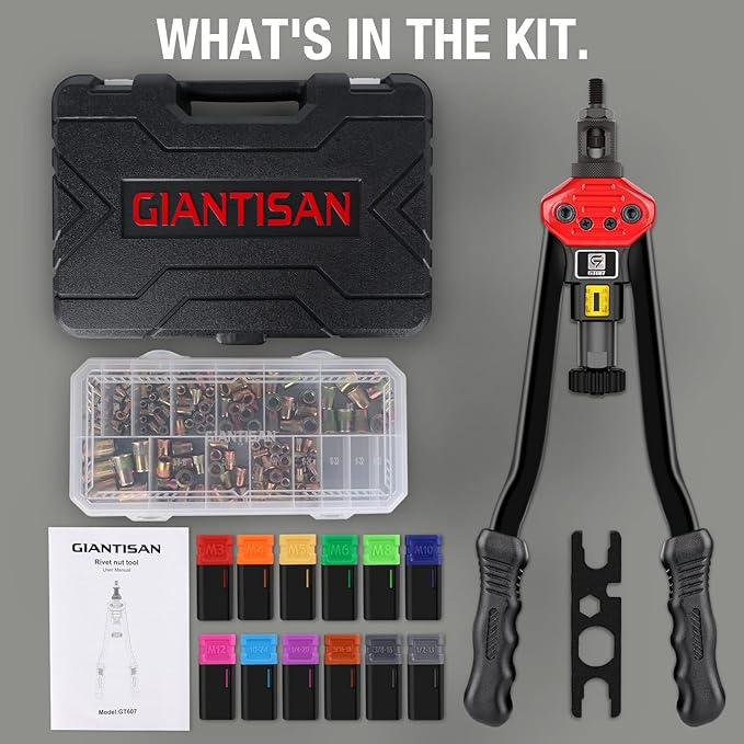 GIANTISAN Rivet Nut Tool Kit,16-Inch Rivnut Tool Kit with 12 Metric and SAE Mandrels, 176Pcs Rivet nut Assortment Kit, Designed for Labour Saving, Ideal for Automotive, Home and DIY Projects