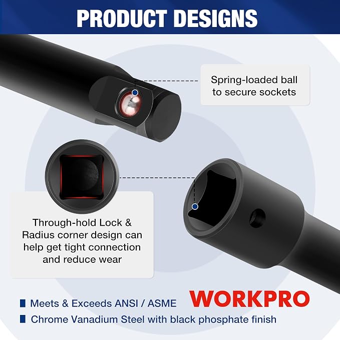 WORKPRO 9-Piece Impact Socket Extension Set, 1/4", 3/8" & 1/2" Drive, CR-V | 3/8" Drive Extension Bar Set, Universal Joints and Adapters, Black Phosphate Finish