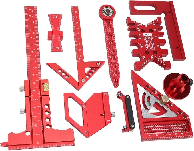 Woodworking Ruler Set, 9Pcs Aluminum Alloy Geometry Set Precision Measuring Tools for Accurate Layout Includes T Square Ruler, Compasses, Protractor, and Dovetail with