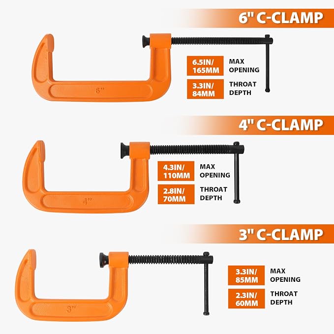 Forward C-Clamp 3 Piece Set 3in, 4in, 6in Heavy Duty Ductile Iron C Clamp Set Kit Jaw Opening Sliding T Bar Handle for DIY Carpentry Caliper Woodworking Welding Building(Orange)