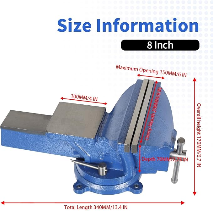 Nakkaa 8 Inch Heavy Duty Cast Iron Bench Vise 360° Swivel Lock Base