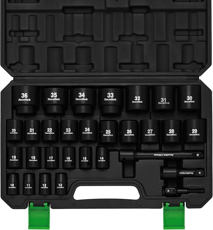TecoTek 30 Pieces 1/2-Inch Drive Shallow Metric Impact Socket Set, Cr-Mo, 10mm to 36mm, No Skipped Sizes, 6 Point, Includes Extension Bars, Drill Socket Adapter 1/2"