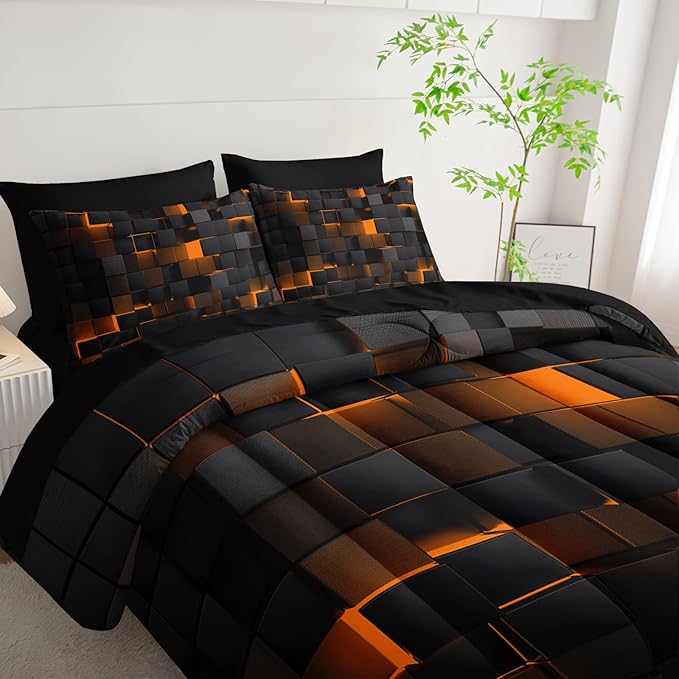 Nttopship Geometric Yellow Black Full Comforter Set,Light Honeycomb Bedding Set 7 Piece in A Bag,Bed Sheet Set Geometry Decor,Microfiber Lightweight All Season