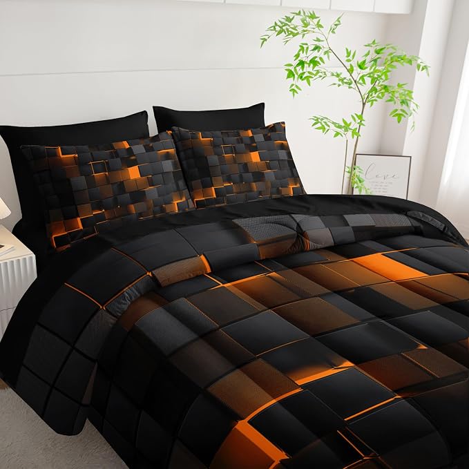 Nttopship Geometric Yellow Black King Comforter Set,Light Honeycomb Bedding Set 7 Piece in A Bag,Bed Sheet Set Geometry Decor,Microfiber Lightweight All Season