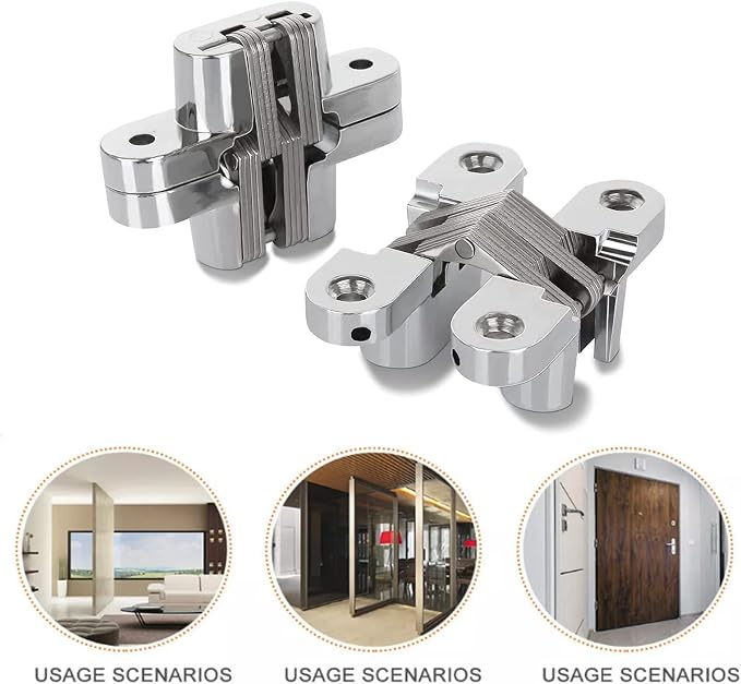 2 Pack 1.1 * 4.65 in Hidden Hinge Invisible Concealed Cross Hinges 180 Degree Folding Door Cross Zinc Alloy Hidden Hinges Swing Invisible Hinge for Cabinet, Cupboard,Wooden Box,with Screws-S5
