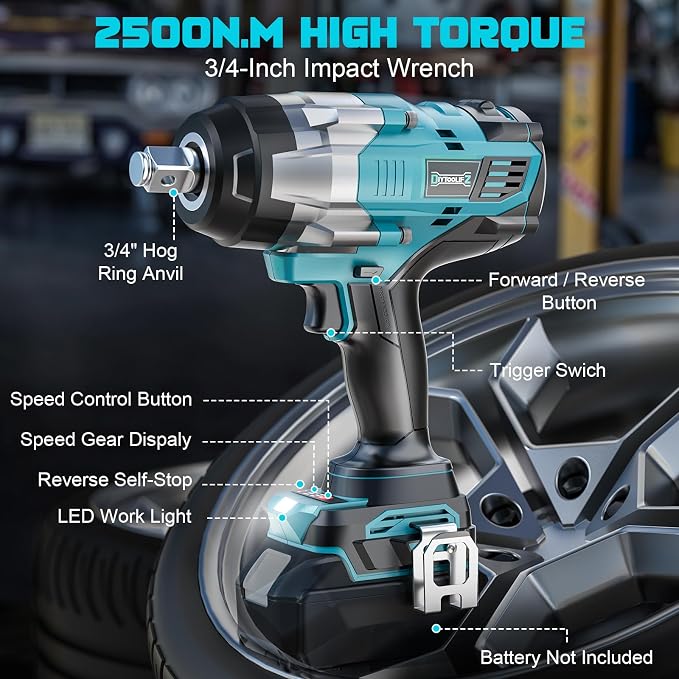 DIYtoolifz 3/4" Cordless Impact Wrench Compatible with Makita 18V Battery: 1850FT-LBS(2500N.m) High Torque Impact Driver, Auto-Stop Reverse, 4-Speed Heavy Duty Impact for Car/Truck/Mower(Bare Tool)