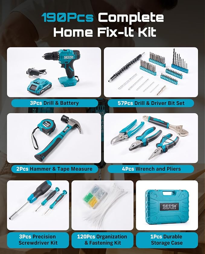 Seesii 21V Cordless Drill Tool Kit - 190Pcs Power Tool Combo Set, Hand Tool Kit with Toolbox, Electric Drill Driver for Home Hand Repair DIY