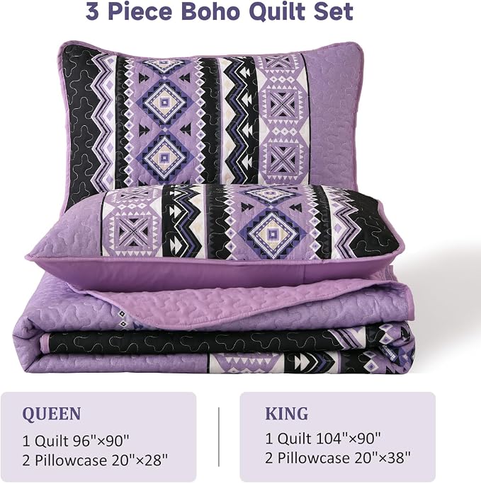 WONGS BEDDING 3 Pieces Quilt Set Queen Size, Purple Quilt Bedspread Lightweight Bohemian Coverlet Set with 2 Pillowcase, Soft Geometry Printed Bedding Set Queen for All Season 96"×90"
