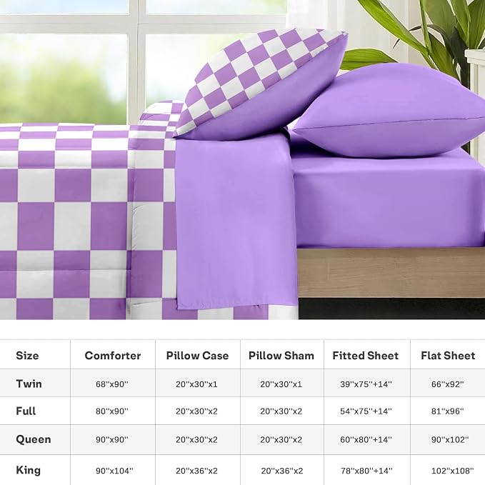 Nesker Comforter Set Twin Size, Purple Plaid Gingham 5 Pcs Bedding for Kids and Adults, Checkerboard Grid Bed Sheet Sets with Fitted Sheet Pillowcase & Sham