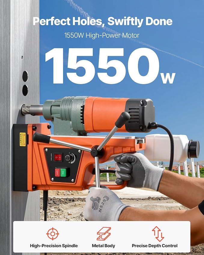 VEVOR 1550W Mag Drill Press, 2" Core Drilling Machine, 2922 lbf 0-550 RPM Variable Speed Portable Magnetic Drill, Heavy Duty Metal Hole Cutter for I-Beam Steel Fabrication, Workshop & DIY Work