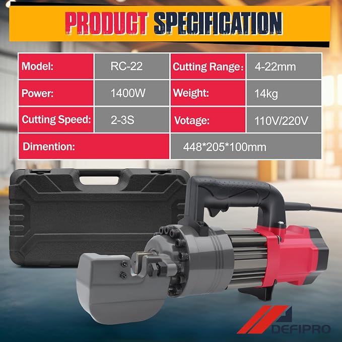 7/8 inch Electric Hydraulic Rebar Cutter 1400W, Portable Rebar Cutter 2-3s Cutting Speed Cuts 4-22mm #7 3/8" 5/8" up to 0.87" Rebar/Steel within 2-3s, RC-22