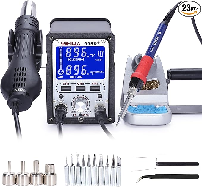 YIHUA 995D+ 2 in 1 Hot Air Rework and Soldering Iron Station with 3 Memories, Large LCD Screen Display, Cool/Hot Air Conversion, Sleep Mode, F /C