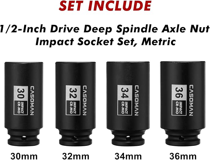 CASOMAN 1/2-Inch Drive Deep Spindle Axle Nut Impact Socket Set,12 Point Metric, CR-MO, 30,32,34,36mm, 4-Piece 1/2" Heavy Duty Impact Socket Set