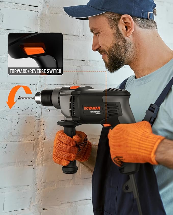 DOVAMAN 7.5A Corded Hammer Drill, 1/2'' Impact Drill with Variable Speed 0–3000RPM, Metal Chuck, 2 Modes for Concrete, Wood, Metal – Includes Bits & Carrying Case-PHD03B