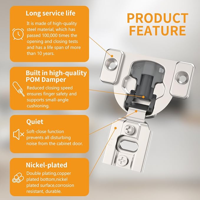 Chibery 4 Pack 9/16" Overlay 4D Concealed Hinges for Face Frame Door, Soft Close On/Off Switch, Self Closing, 105° Open Angle Concealed Stainless Steel Hinges for Framed Cabinet, Satin Nickel