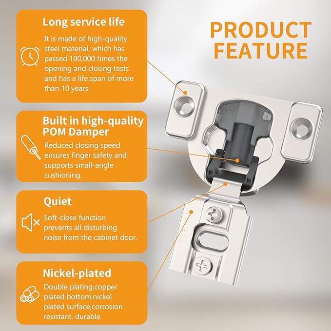 Chibery 10 Pack 9/16" Overlay 4D Concealed Hinges for Face Frame Door, Soft Close On/Off Switch, Self Closing, 105° Open Angle Concealed Stainless Steel Hinges for Framed Cabinet, Satin Nickel