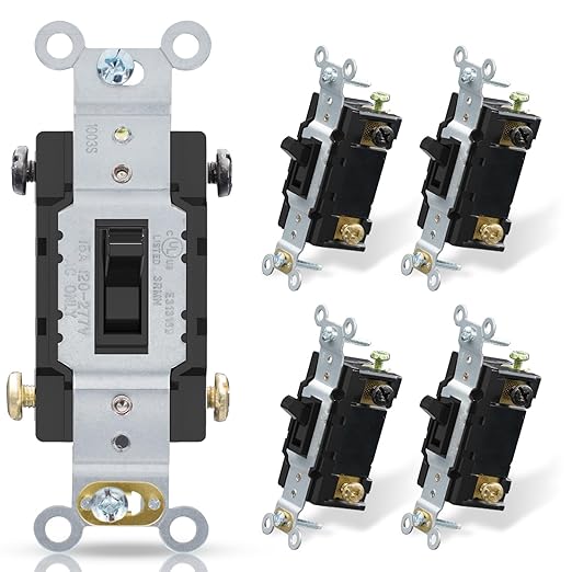 ELEGRP 4 Way Toggle Light Switch, 15 Amp, 120-277V, Toggle Framed AC Quiet Switch, in Wall On/Off, Self-Grounding, Residential and Commercial Grade, UL Listed (5 Pack, Glossy Black)