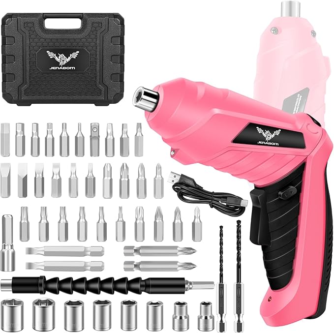 JENABOM 47 in 1 Electric Screwdriver Cordless Rechargeable Small Power Drill Set 3.6V Li-ion 3Nm Max Torque Electric Rotatable with LED Light Screwdriver, Pink