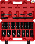 MIXPOWER 25 PCS 1/2” Drive Impact Socket Set, 3/8" to 1-1/2" Deep Socket, 6-Point Hex Socket with Portable Case,SAE,CR-V&CR-MO Steel