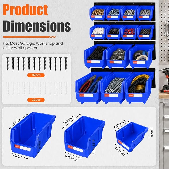 14pc Wall-Mounted Organizer V1 V2 V3 Master Combo Set Blue | Heavy duty metal rails multi-size bins master set for garage screws, tools, batteries & wrenches.