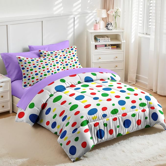 Nesker Comforter Set Twin Size, Rainbow Green Red 5 Pcs Bedding for Kids and Adults, Blue Yellow Polka Dot Bed Sheet Sets with Fitted Sheet Pillowcase & Sham
