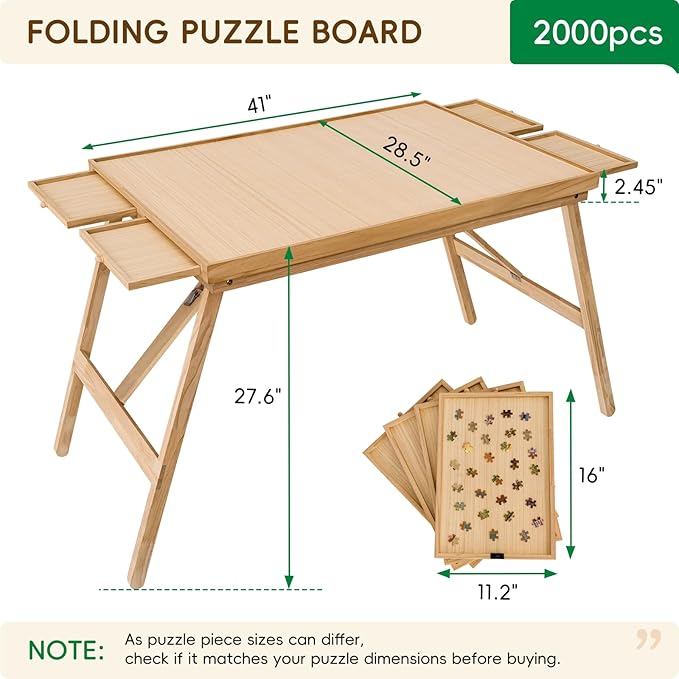 TEAKMAMA 27.6"H 2000Pcs Puzzle Table with Legs,4 Drawers for Adults,Natural | 41" W x 28.5" D Wood Folding Jigsaw Puzzle Board with Protective Cover