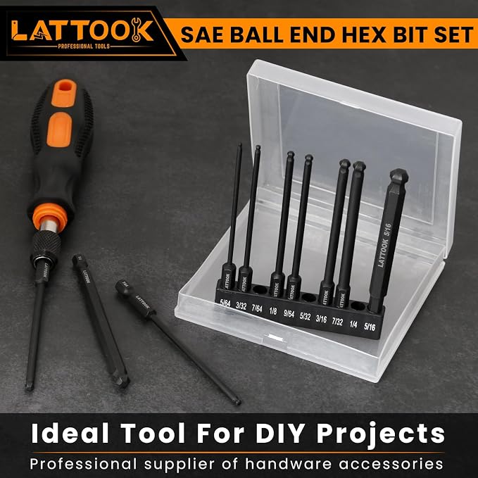 Ball End Hex Bit Set with Quick Release Bit Driver | LATTOOK 10PCS SAE Ball End Hex Head Allen Wrench Drill Bit Set, Allen Key Drill Bit Set, Magnetic S2 Steel, 4'' Long