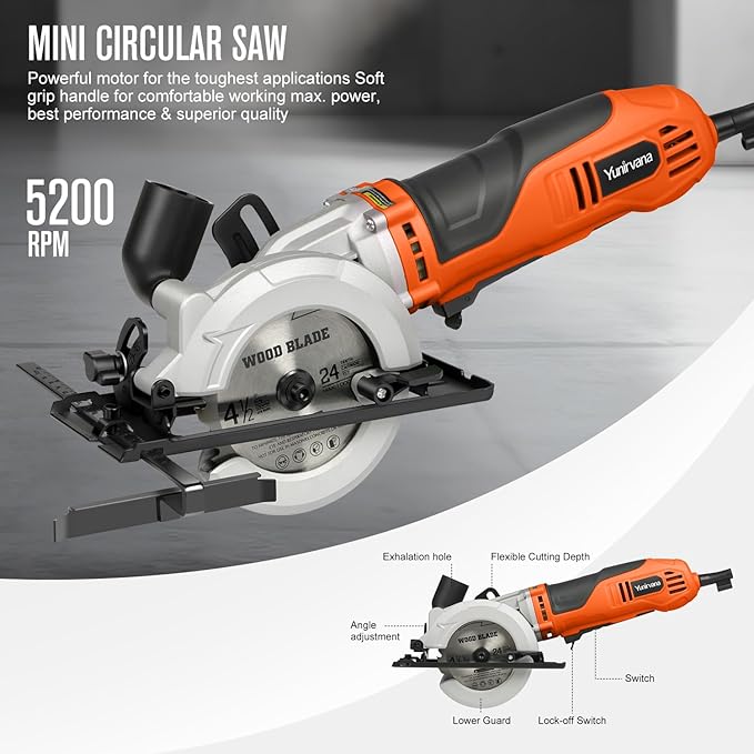 Yunirvana 710W Corded Mini Circular Saw, 5200RPM Electric Circular Saw, Parallel Guide, Compact Saw with 2Pcs Blades(24T Wood Blade and 60T Metal Blade), for Wood, Metal, Plastic, Home Renovation