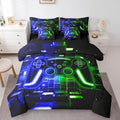 Gaming Queen Comforter Set with Sheets, Gamer 7-Piece Bedding Set Neon Lights Video Game Consoles Bed in a Bag, Blue Green Brick Cube Room Decor,Video Game Decor