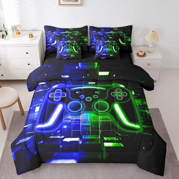 Gaming Queen Comforter Set with Sheets, Gamer 7-Piece Bedding Set Neon Lights Video Game Consoles Bed in a Bag, Blue Green Brick Cube Room Decor,Video Game Decor