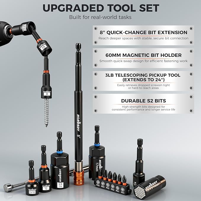 Upgraded 79-Piece Magnetic Impact Nut Driver Set, Metric & SAE with 3LB Magnetic Pickup Tool, Socket Adapters, Wing Nut Driver, Universal Sockets, Quick-Change Bit Holder & Extensions, Power Bits
