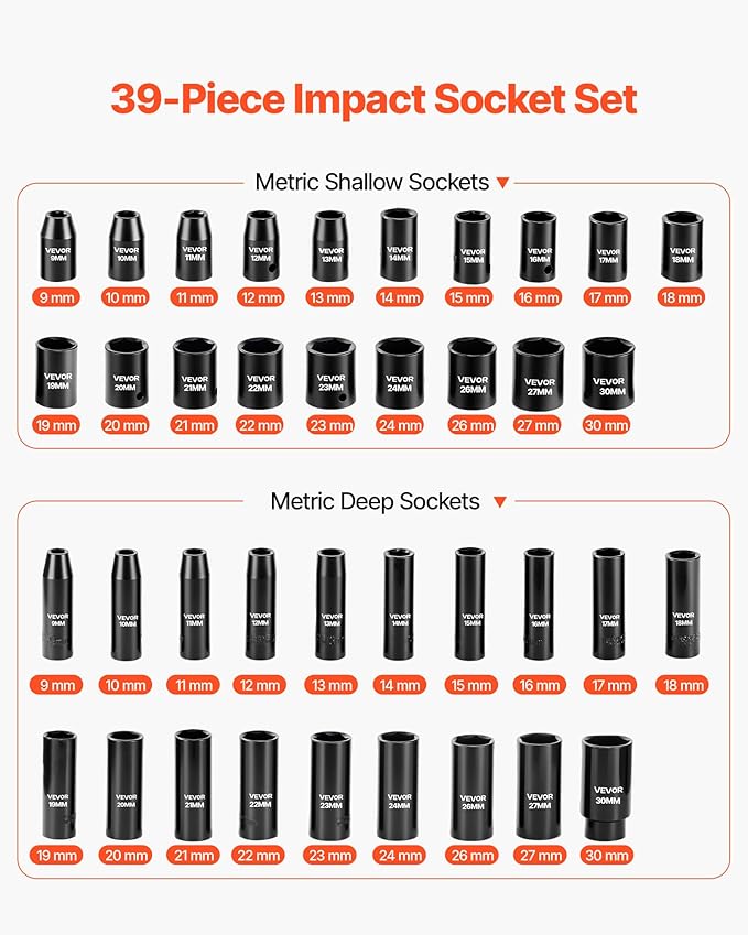 VEVOR 39-Piece Impact Socket Set 1/2" Drive, Metric (9 to 30 mm) Size, Deep & Shallow, 6-Point, CR-V, Universal Joint, Heavy Duty Carrying Case