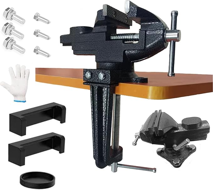 2-in-1 Dual-Purpose Combined Bench Vise or Table Vise, With end-point locking device, Portable Universal Rotate 360° Work Clamp-On Vise, 3.0" Black