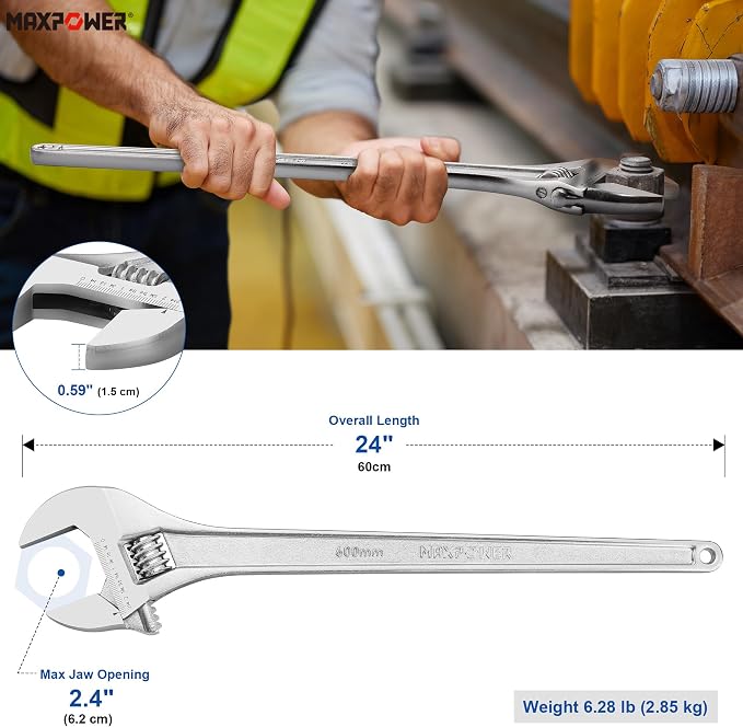 MAXPOWER 24" Adjustable Wrench, 2.4" Jaw Opening, Tapered Handle | Heavy Duty Large Adjustable Wrench Ideal for Plumbing, Nuts, and Pipes Fitting, SAE/Metric Scales