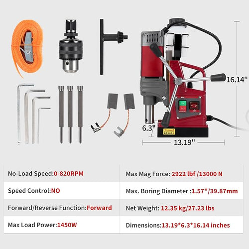 1.57 Inch Magnetic Drill Press, 210mm Max Stroke, 13000N Magnetic Force, Portable Electric Mag Drill Machine for Metal Drilling, Industrial Grade